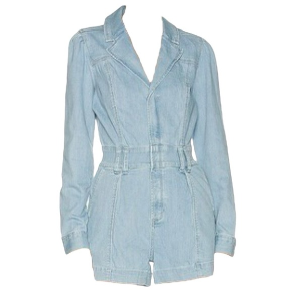 PAIGE Meg Puff Long Sleeve Fitted Short Romper Jumper Songbird Denim Blue Size 4 - Picture 9 of 12